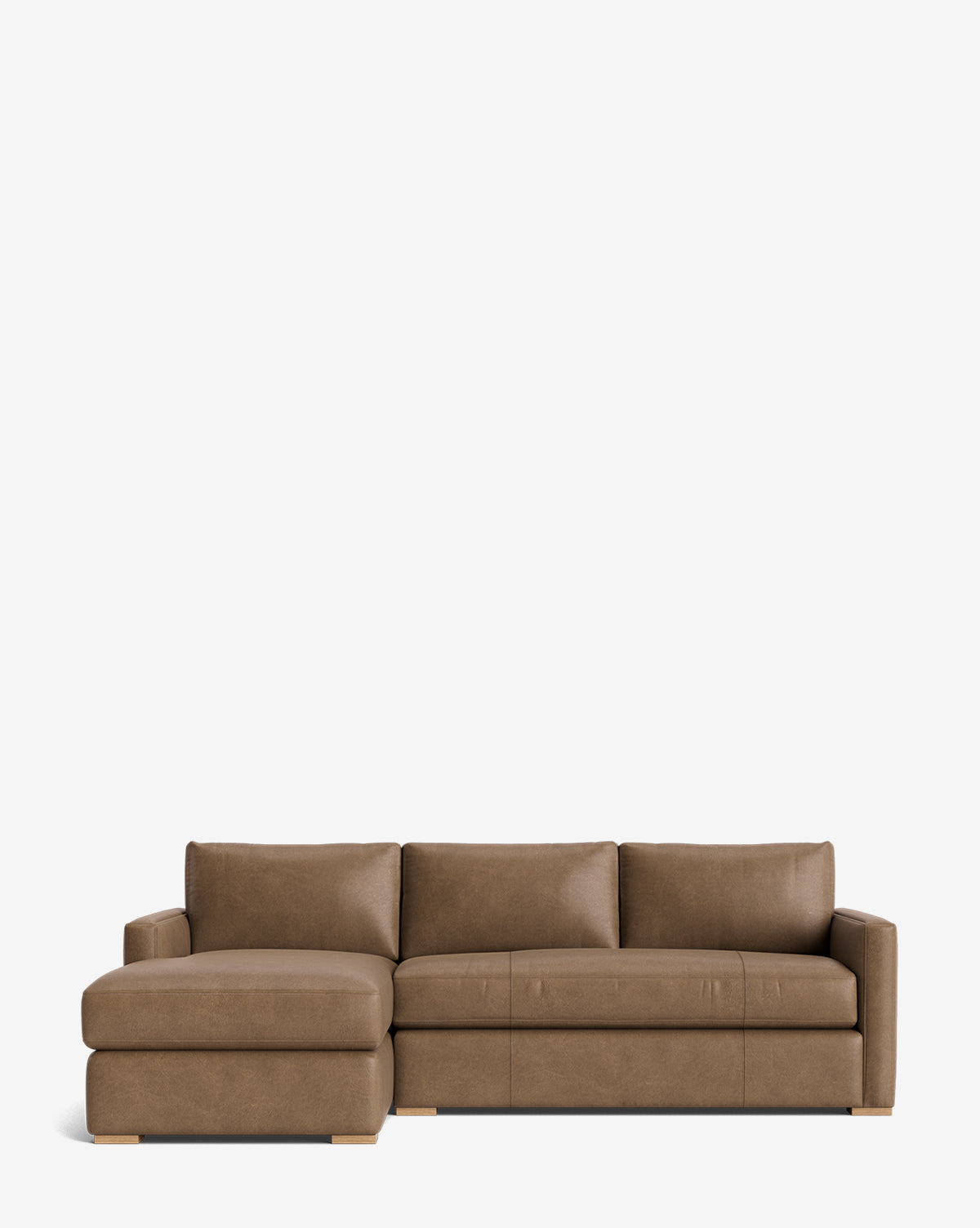 The Macy Upholstered Chaise Sectional 101 features a brown fabric design, wooden block legs, and a left-side lounge—ideal as a customizable addition to your living room, shown here against a plain white background, by McGee & Co.