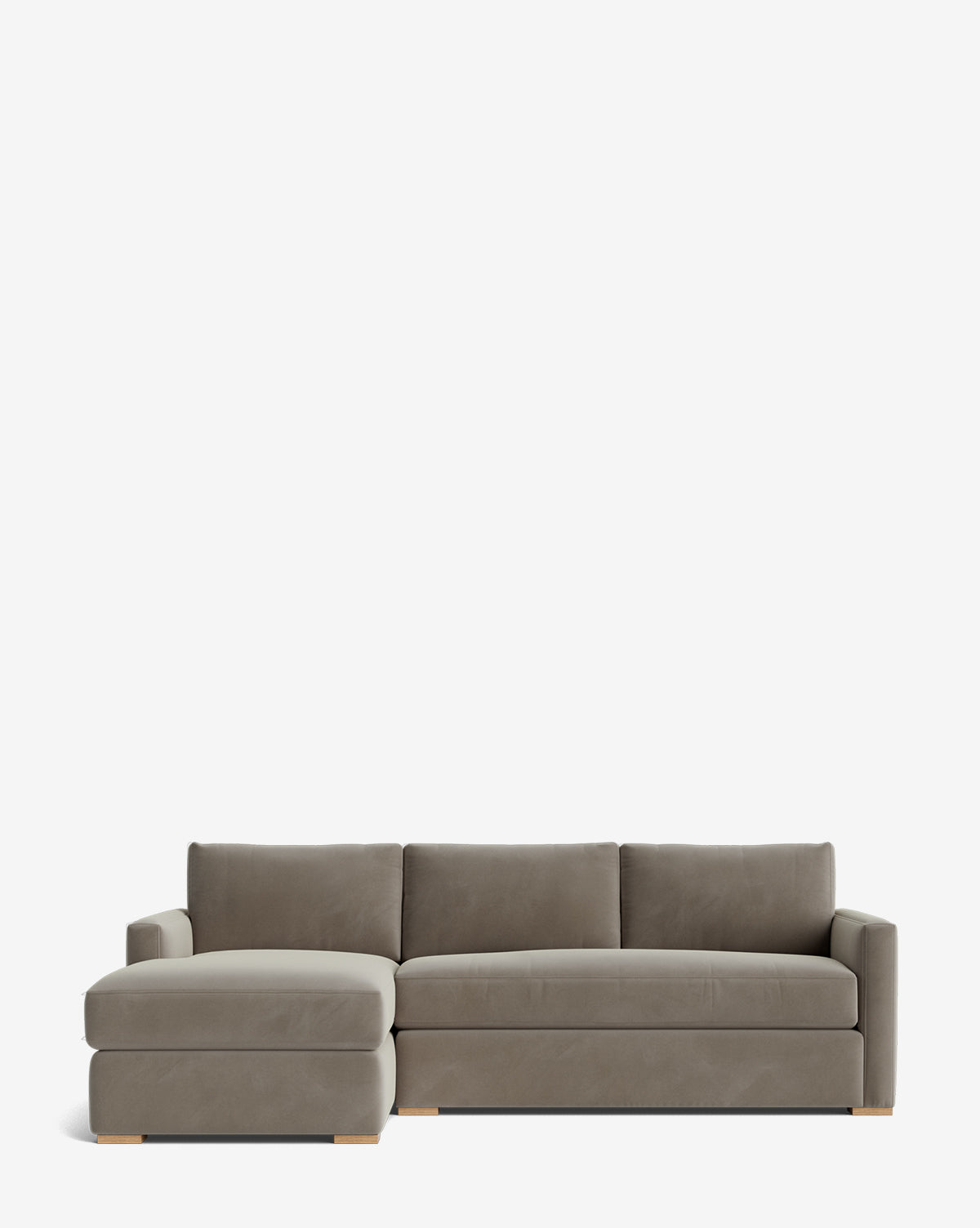 The Community Macy Upholstered Chaise Sectional 101 features gray upholstery, light wooden feet, a left-facing chaise lounge, and three back cushions for a contemporary look with clean lines by Vendixs