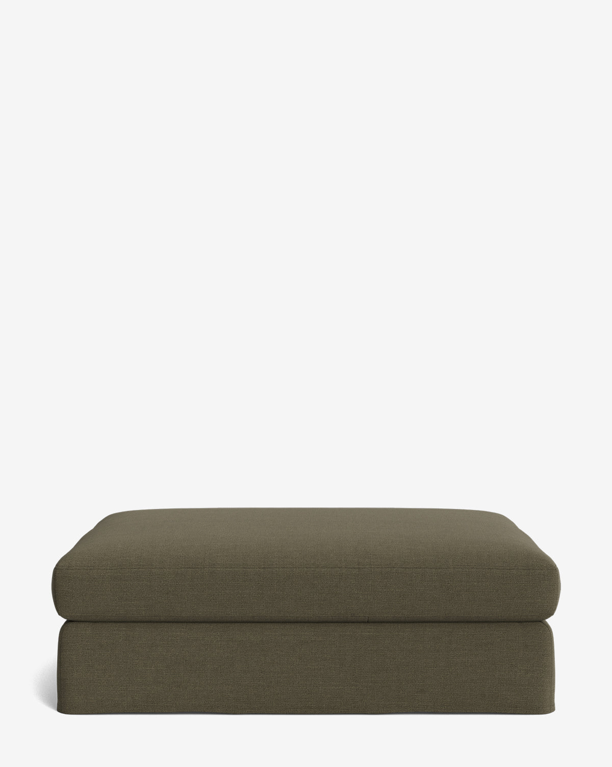 The Macy Slipcover Ottoman is a rectangular, olive green ottoman with soft, rounded edges and fabric upholstery, shown against a plain white background—perfect for completing your living room setup, by McGee & Co.