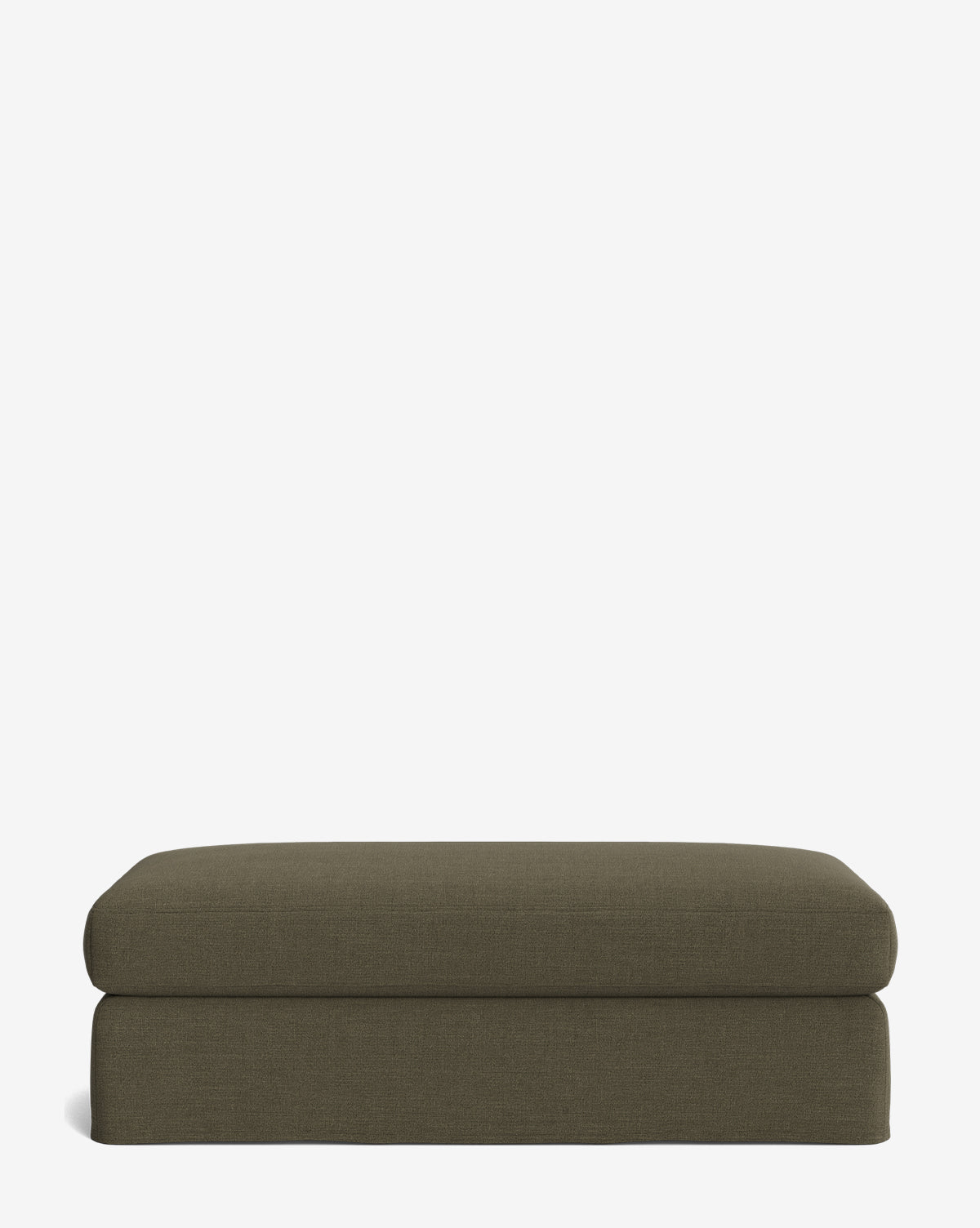 The Macy Slipcover Ottoman features a rectangular, olive-green design with a simple, modern look—perfect as versatile living room furniture and shown against a plain white background, by Vendixs