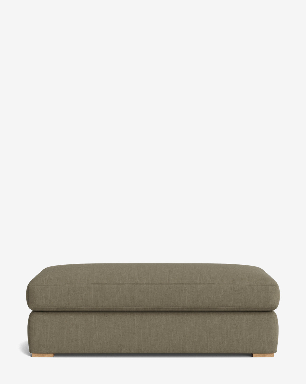 The Macy Upholstered Ottoman features a rectangular, olive-green cushioned top and low wooden feet. Customizable to suit your style, its a chic addition to any living room set, shown here against a plain white background by McGee & Co.