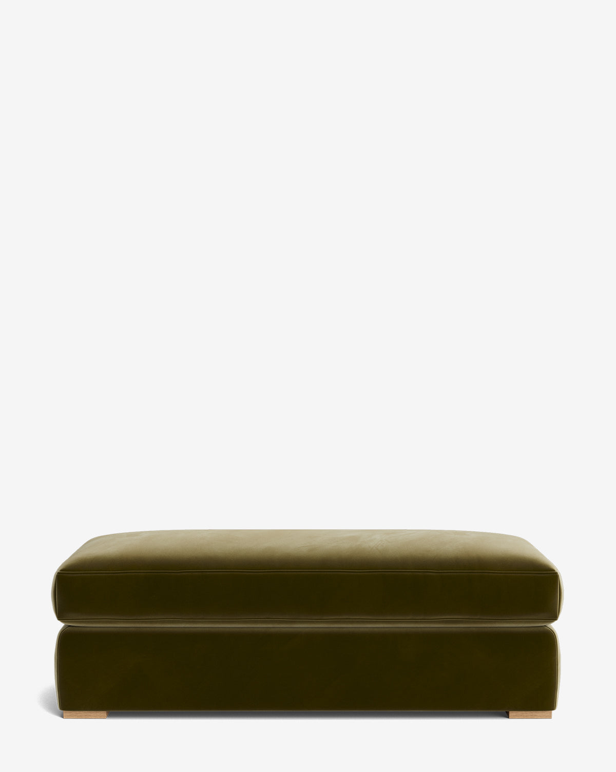 The Macy Upholstered Ottoman is a large, rectangular olive green piece with gold metal feet, ideal for the living room and shown on a plain white background, by McGee & Co.