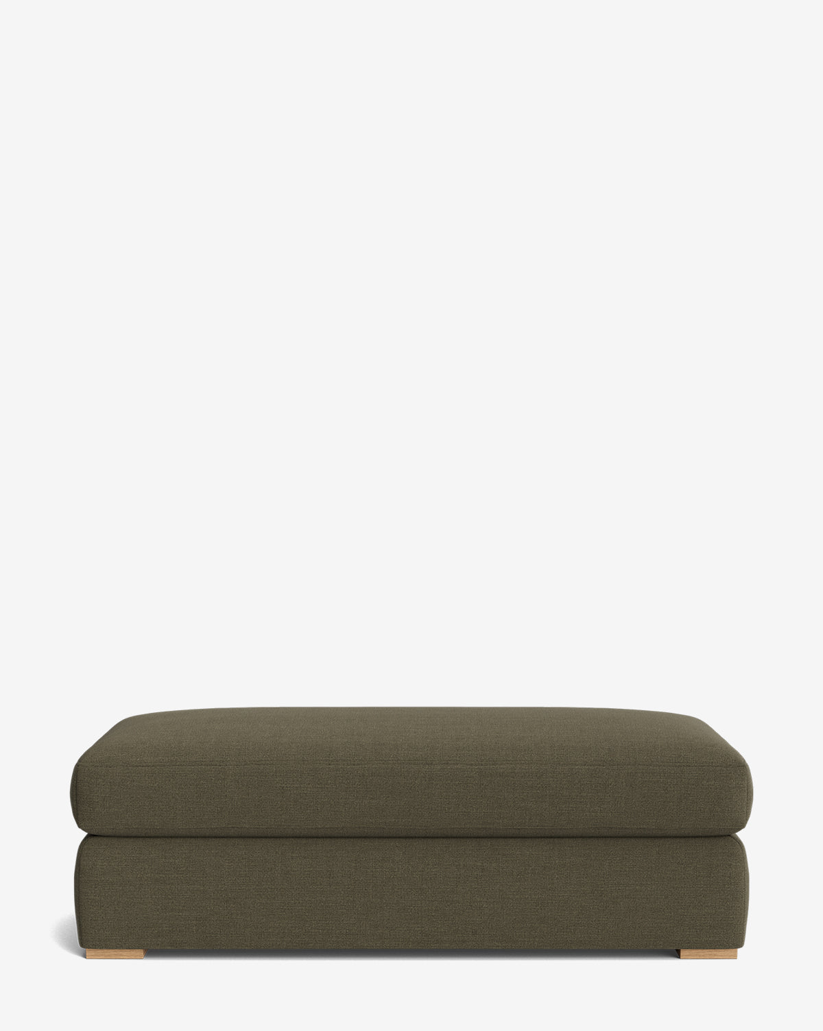 The Macy Upholstered Ottoman is a rectangular piece in dark olive green with wooden feet, shown against a plain white background, by Vendixs