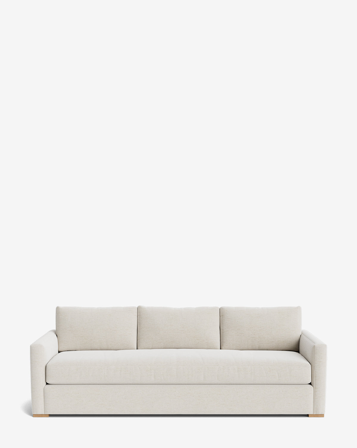 The Macy Upholstered Sofa (84-96) features a modern, light beige design with three cushions, square arms, and wooden feet—ideal living room furniture shown against a plain white background, by Vendixs