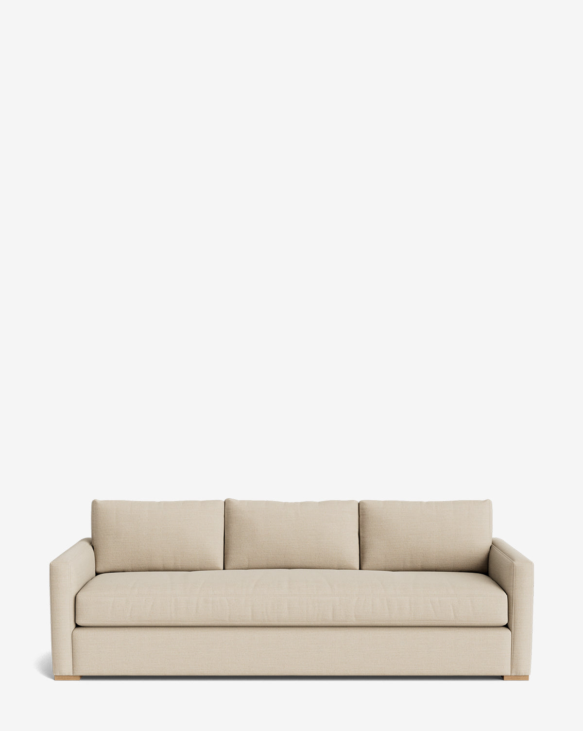 The Macy Upholstered Sofa (84-96) is a modern beige sofa with three seat and back cushions, straight armrests, and a minimalist design, making it ideal for stylish living rooms, by Vendixs Shown against a plain white background.