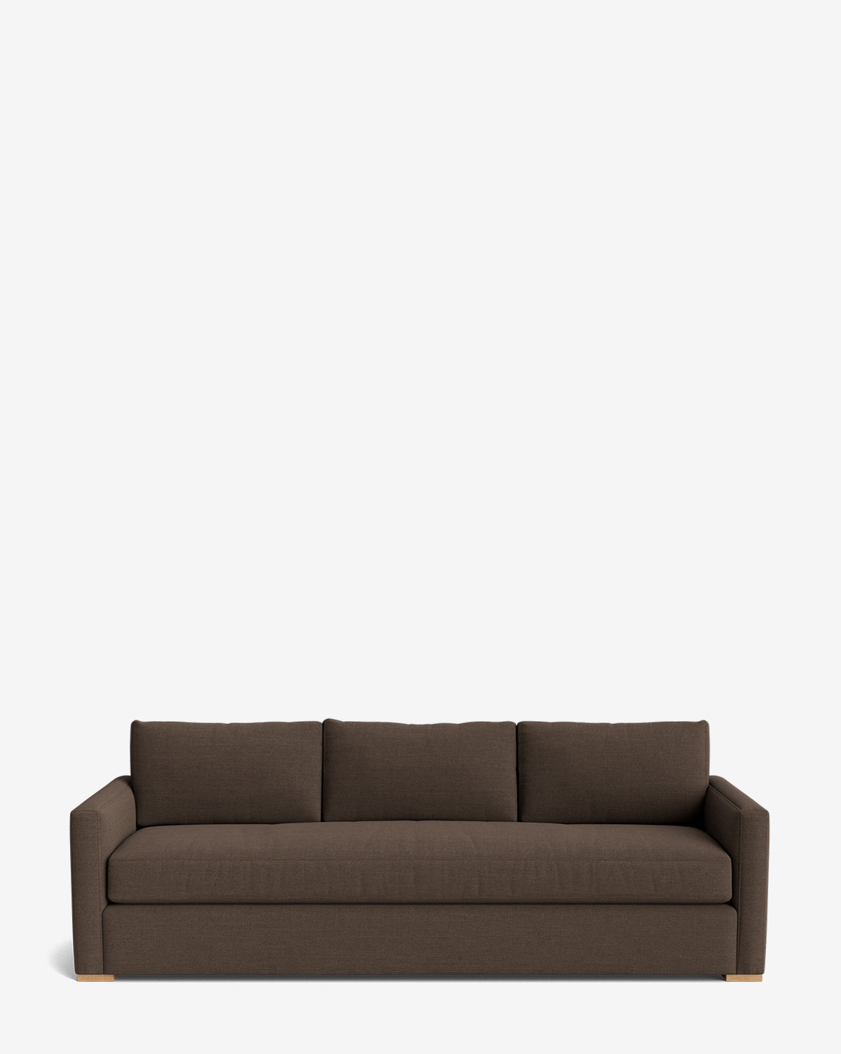 The Macy Upholstered Sofa (84-96) features a modern dark brown design with clean lines, square arms, and wooden feet—perfect for your living room, shown against a plain white background, by McGee & Co.