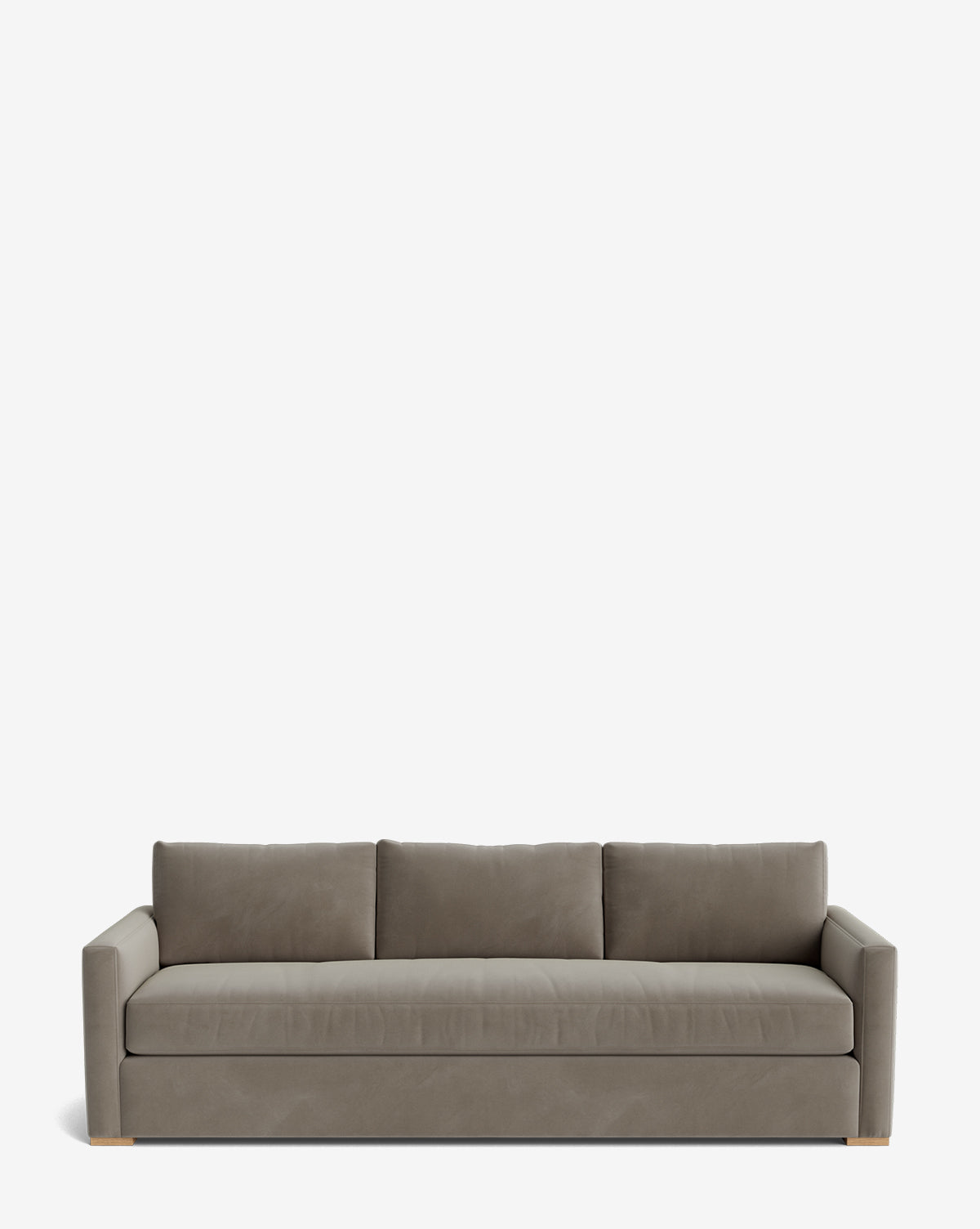 The Macy Upholstered Sofa (84-96) is a modern gray sofa with three seat cushions, straight arms, and wooden legs—perfect for your living room and shown here against a plain white background, by McGee & Co.