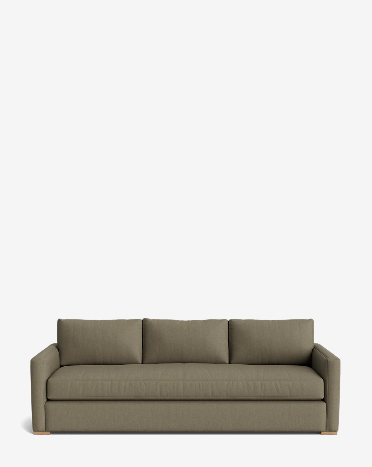 The Macy Upholstered Sofa (84-96) features clean lines, customizable olive green upholstery, three back cushions, and low square armrests—an ideal modern living room piece shown against a plain white background, by McGee & Co.