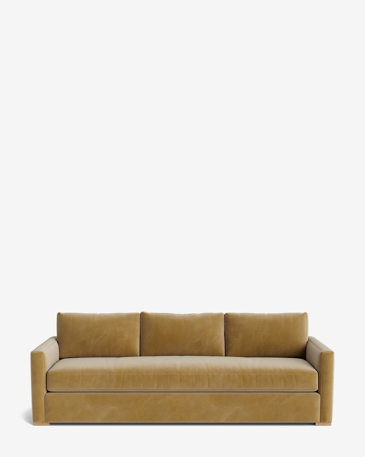 The Macy Upholstered Sofa (84-96) features a modern, tan velvet design with three seat and back cushions, straight arms, and minimalist style—an ideal centerpiece for your living room furniture collection, by Vendixs