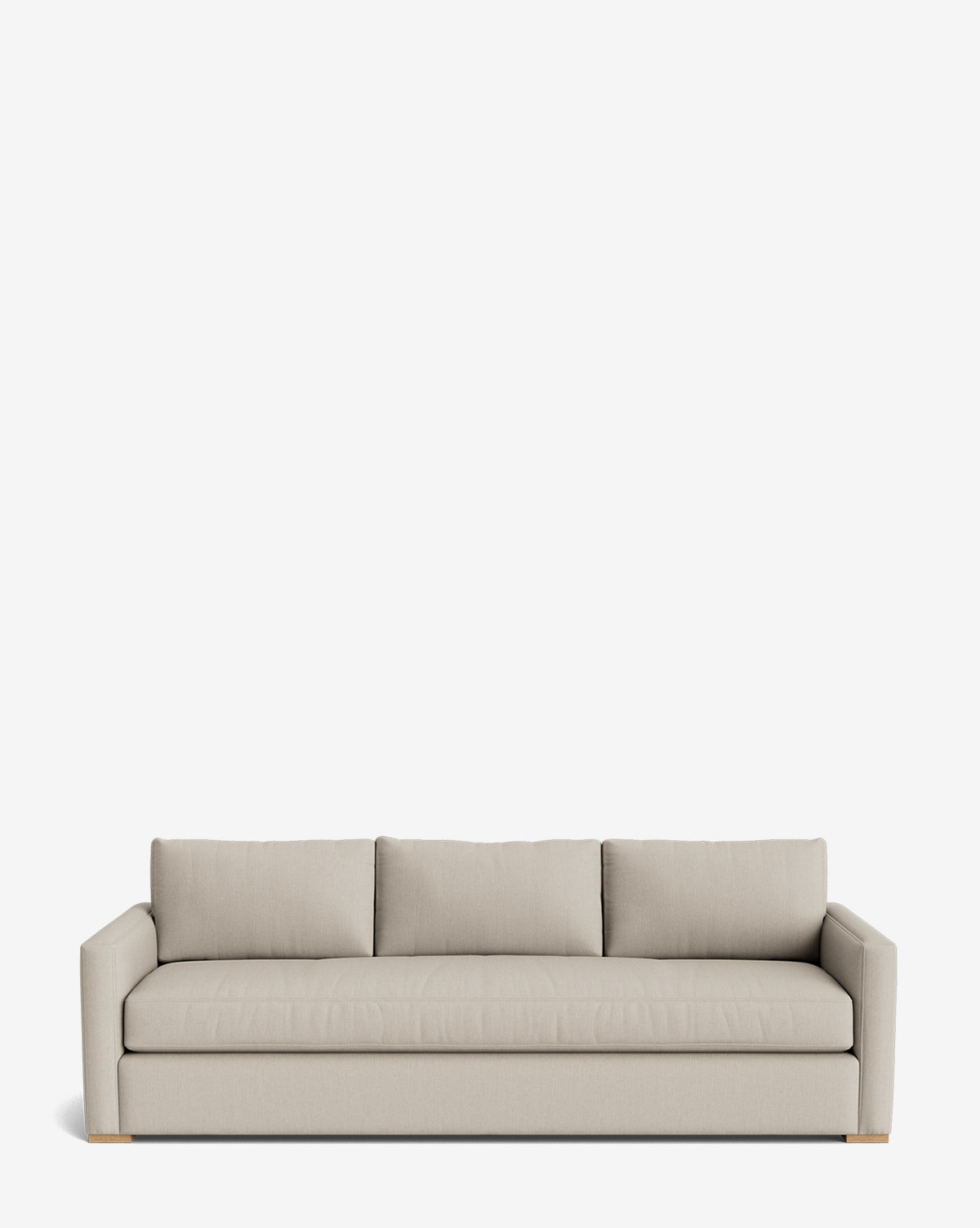 The Macy Upholstered Sofa (84-96) features light beige fabric, three seat and back cushions, straight arms, and low wooden legs, by Vendixs Its modern design makes it a stylish living room addition, shown here against a plain white background.