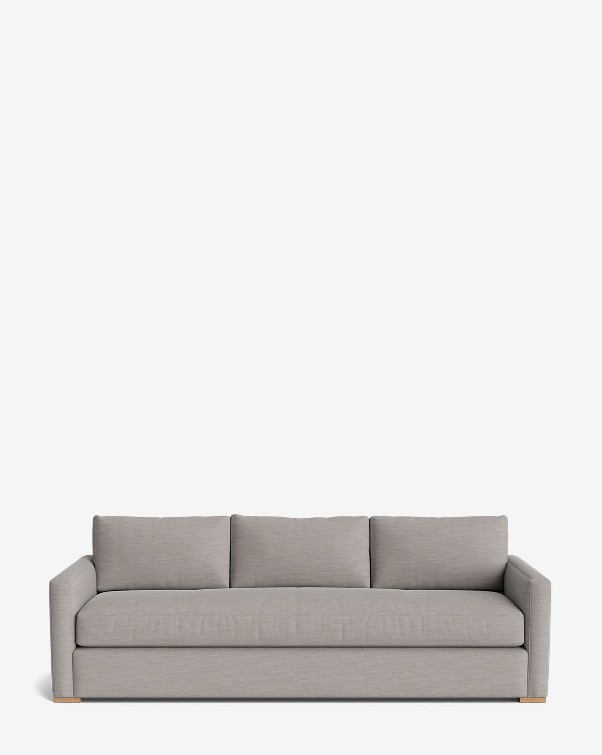 The Macy Upholstered Sofa (84-96) features a modern, light gray design with clean lines, square arms, and three back cushions—an ideal addition to your living room, by Vendixs
