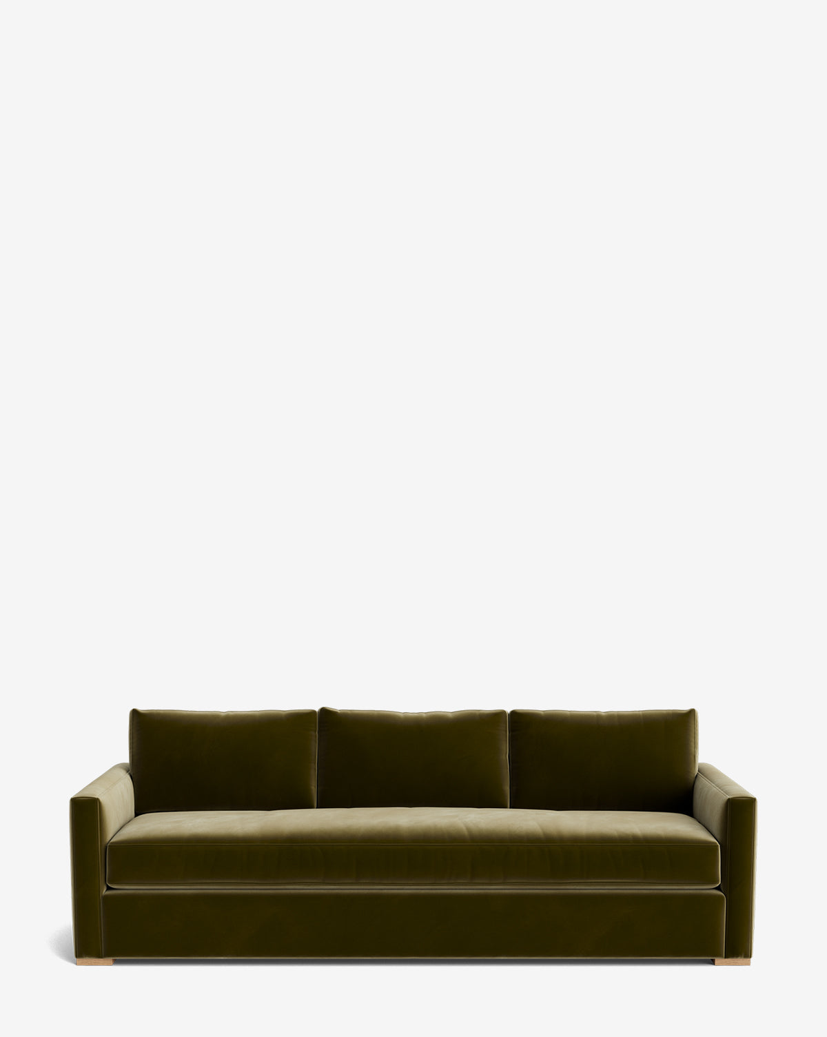 The Macy Upholstered Sofa (84-96) features modern olive green velvet, three seat and back cushions, and square arms—ideal living room furniture—shown against a plain white background, by Vendixs