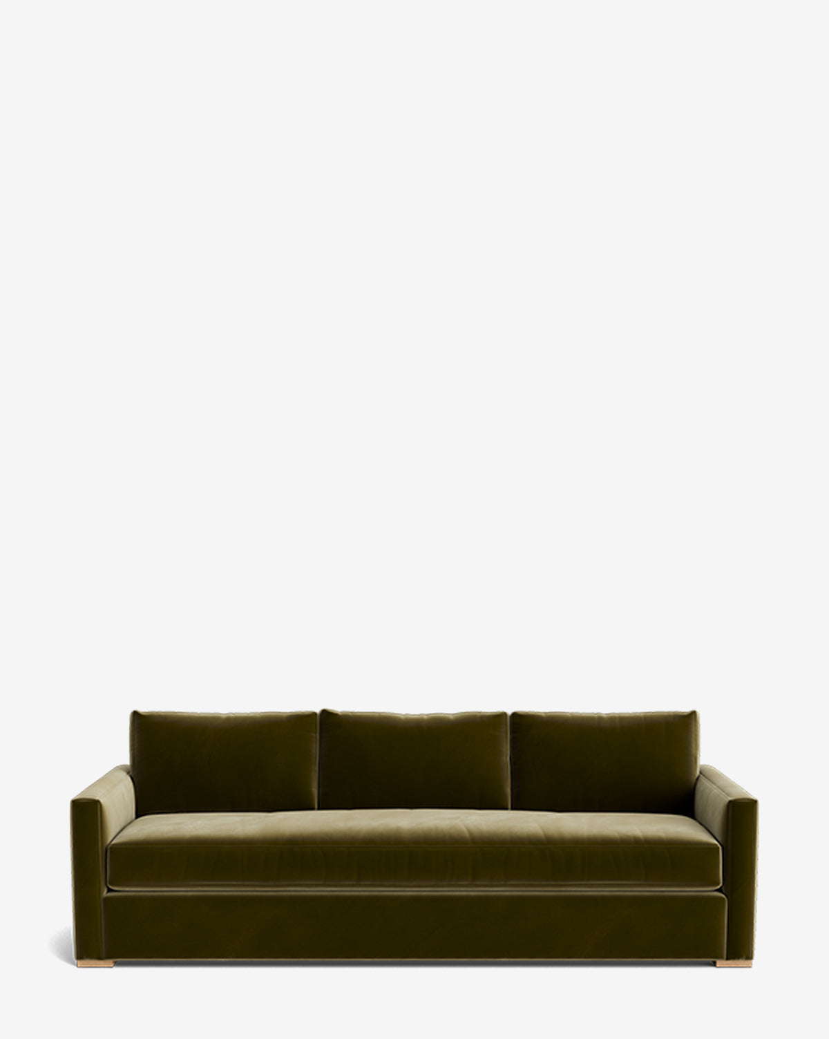 The Macy Upholstered Sofa (84-96) features modern dark green upholstery, three seat cushions, and low square arms—an elegant living room piece set against a plain white background, by Vendixs