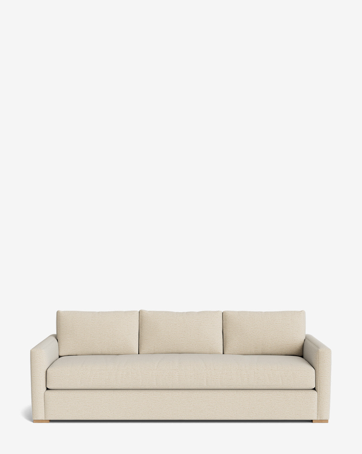 The Macy Upholstered Sofa (84-96) is a modern beige three-seater with square arms and three back cushions, ideal as stylish living room furniture, shown against a plain white background, by Vendixs