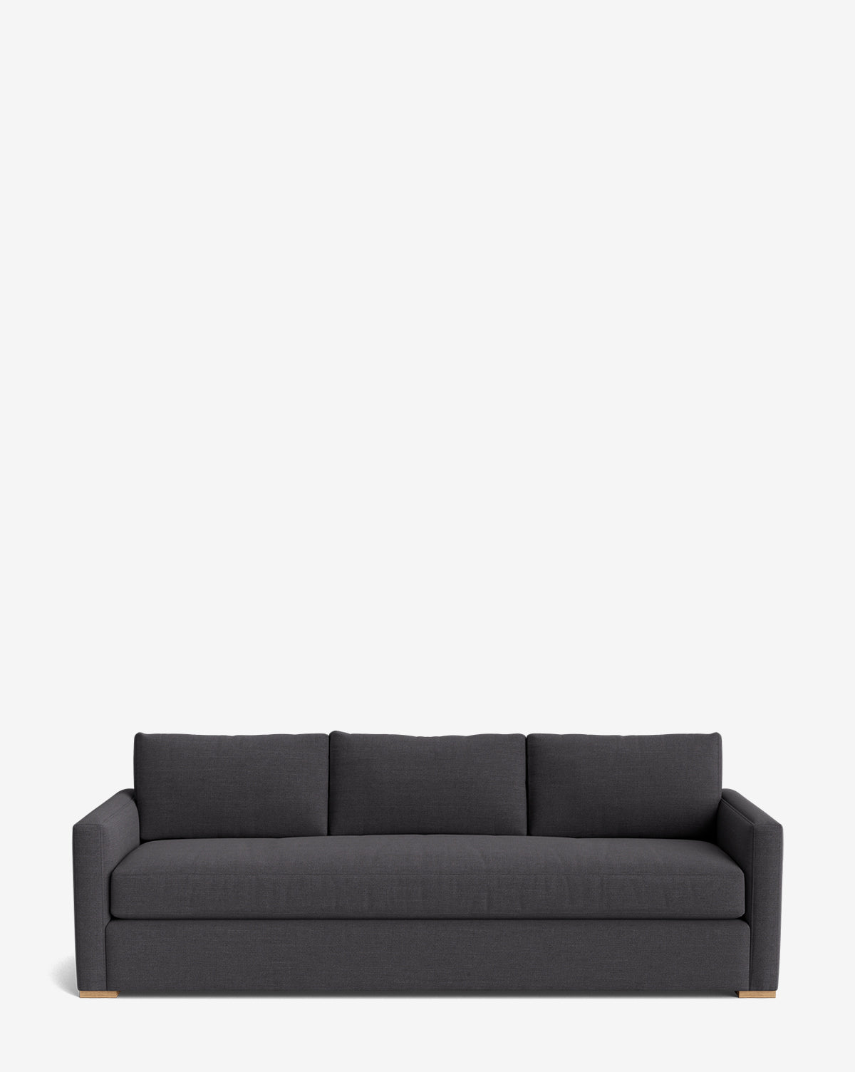 The Macy Upholstered Sofa (84-96) features a modern dark gray design with clean lines, three back cushions, and square arms—an ideal living room piece set against a plain white background, by McGee & Co.