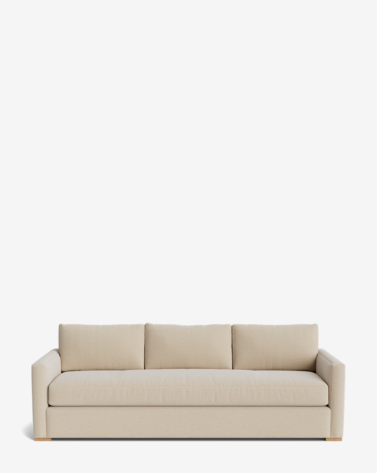 The Macy Upholstered Sofa (84-96) is a modern beige piece with three back cushions and wide square armrests, ideal for living room furniture and shown against a plain white background by Vendixs