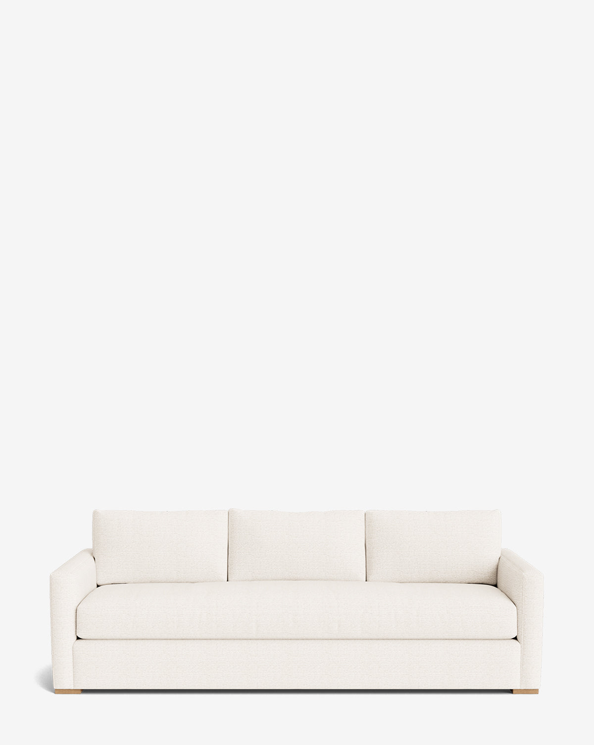 The Macy Upholstered Sofa (84-96) features a modern, minimalist design with three back cushions, low arms, and a sleek rectangular silhouette—ideal for contemporary living rooms and shown here against a plain white background, by Vendixs