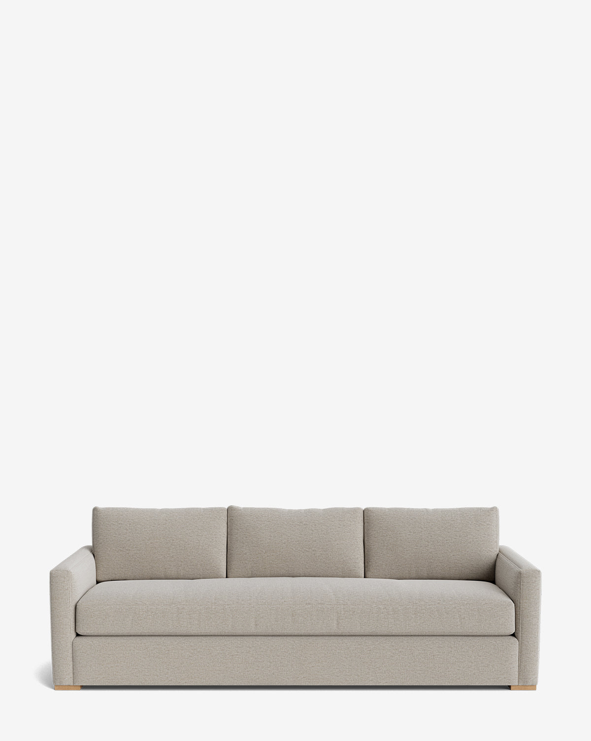 The Macy Upholstered Sofa (84-96) is a modern, light gray sofa with straight arms and three back cushions, ideal for stylish living rooms and shown against a plain white background, by McGee & Co.