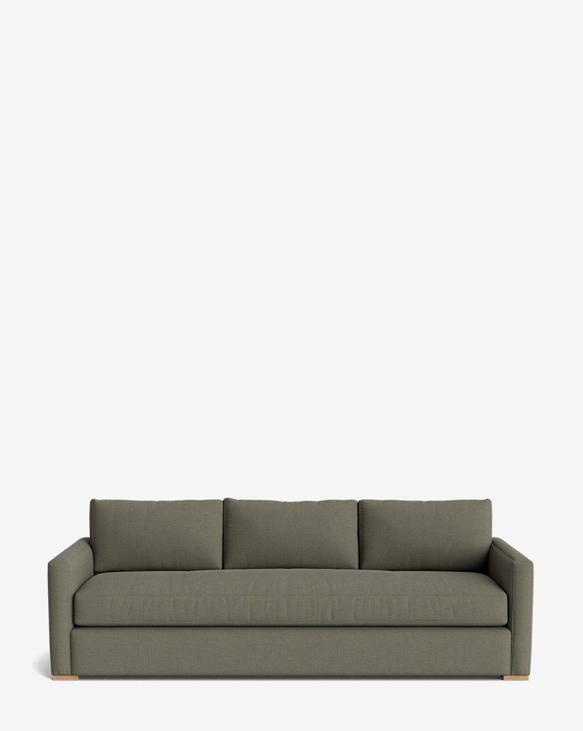 The Macy Upholstered Sofa (84-96) is a modern olive-green piece with three seat cushions, straight arms, and wooden feet—perfect for your living room, shown here against a plain white background by Vendixs