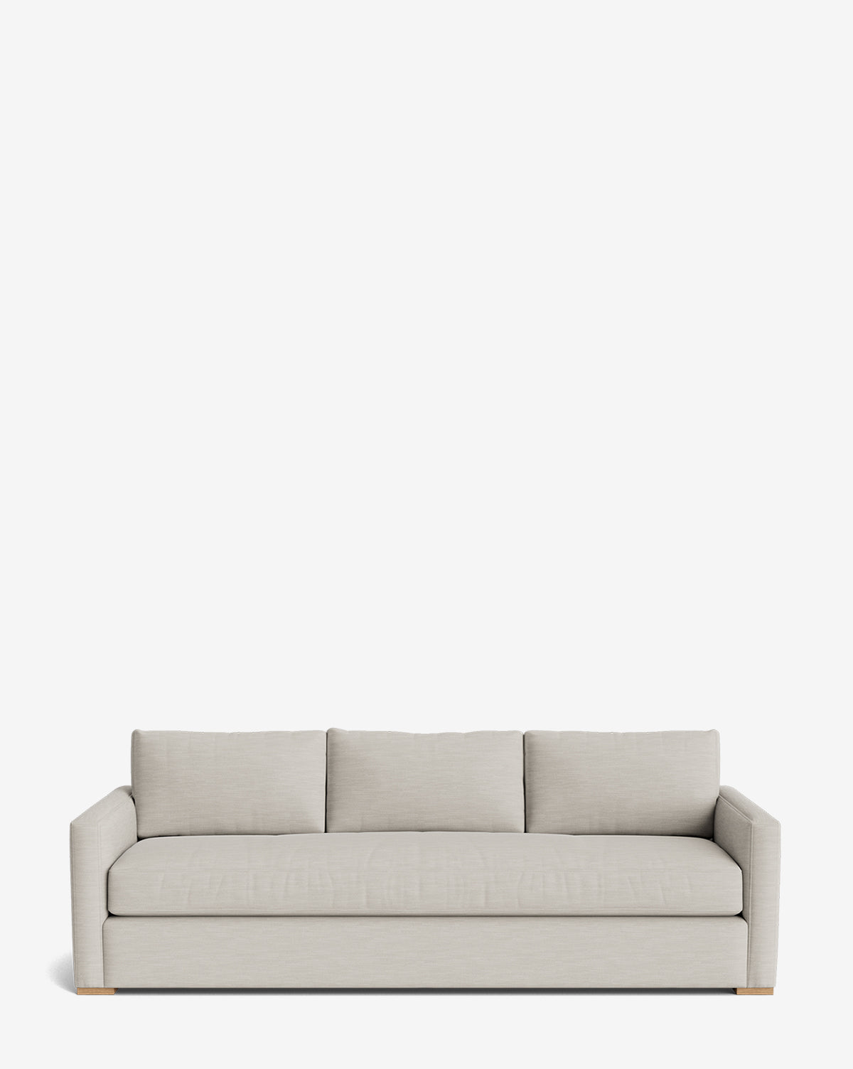 The Macy Upholstered Sofa (84-96) features a modern design with light gray fabric, square arms, and plush cushions—ideal for any living room setting, shown here against a plain white background, by Vendixs