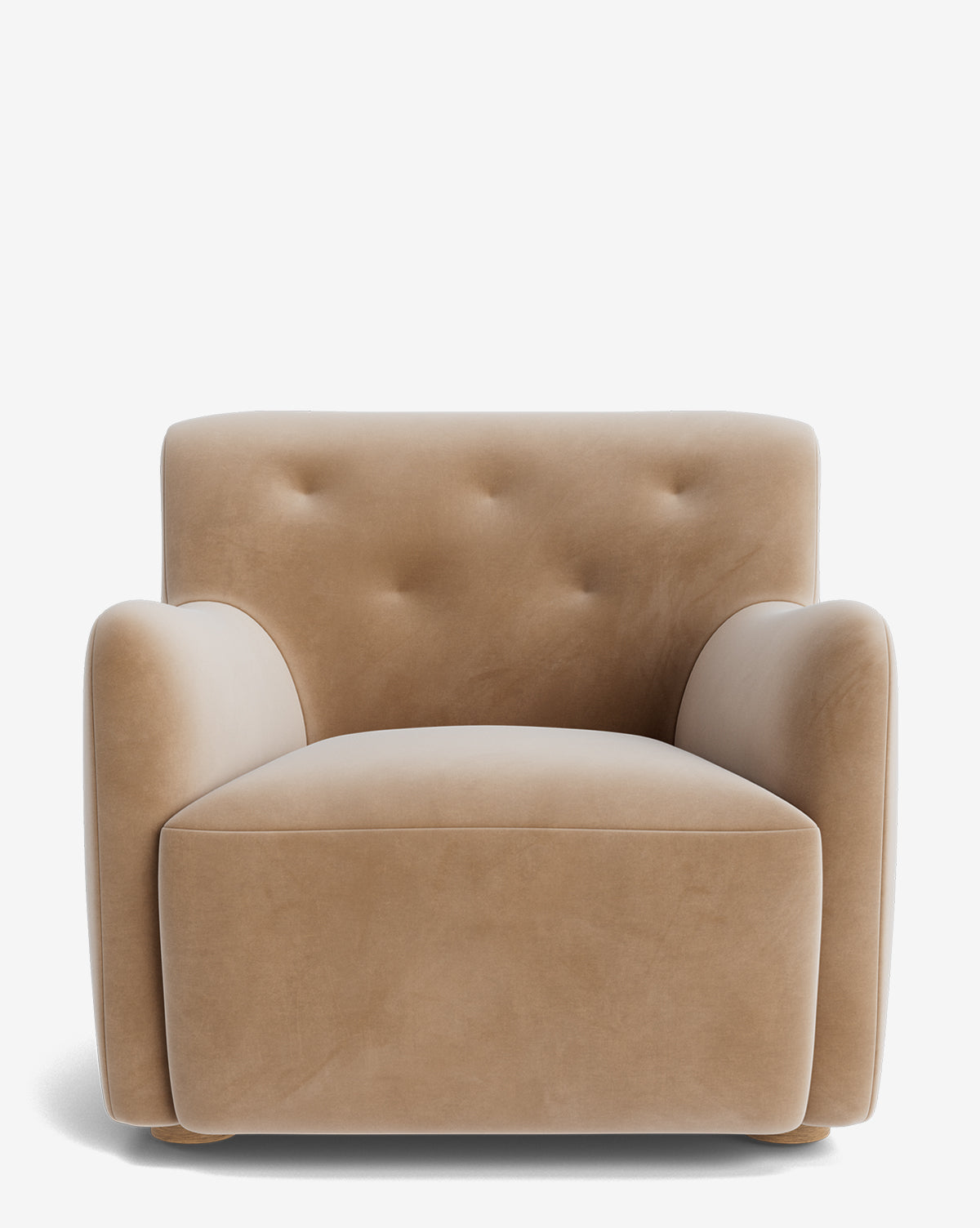 The Magda Lounge Chair by Makerspalm features designer beige velvet upholstery, curved armrests, and a tufted backrest. Shown from the front against a white background. Vendixs