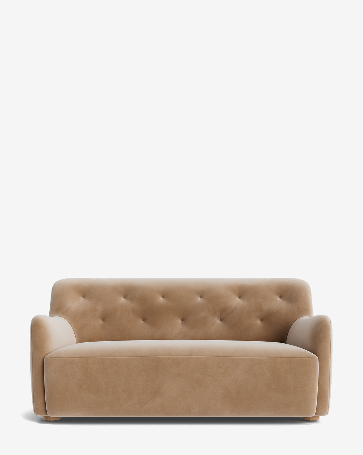The Makerspalm Magda Settee 65.25, featuring beige designer upholstery, a tufted backrest, curved armrests, and soft fabric, sits against a plain white background. Vendixs