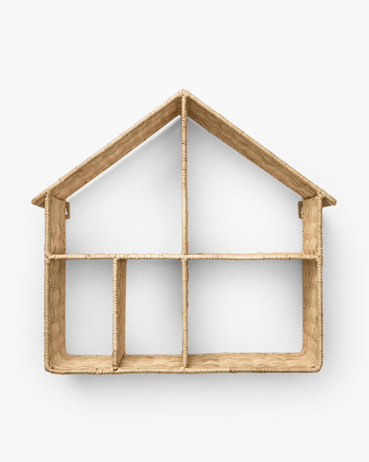 The Maison Shelf, a house-shaped design with a natural finish, features a pitched roof and multiple compartments and is shown against a plain white background by Vendixs