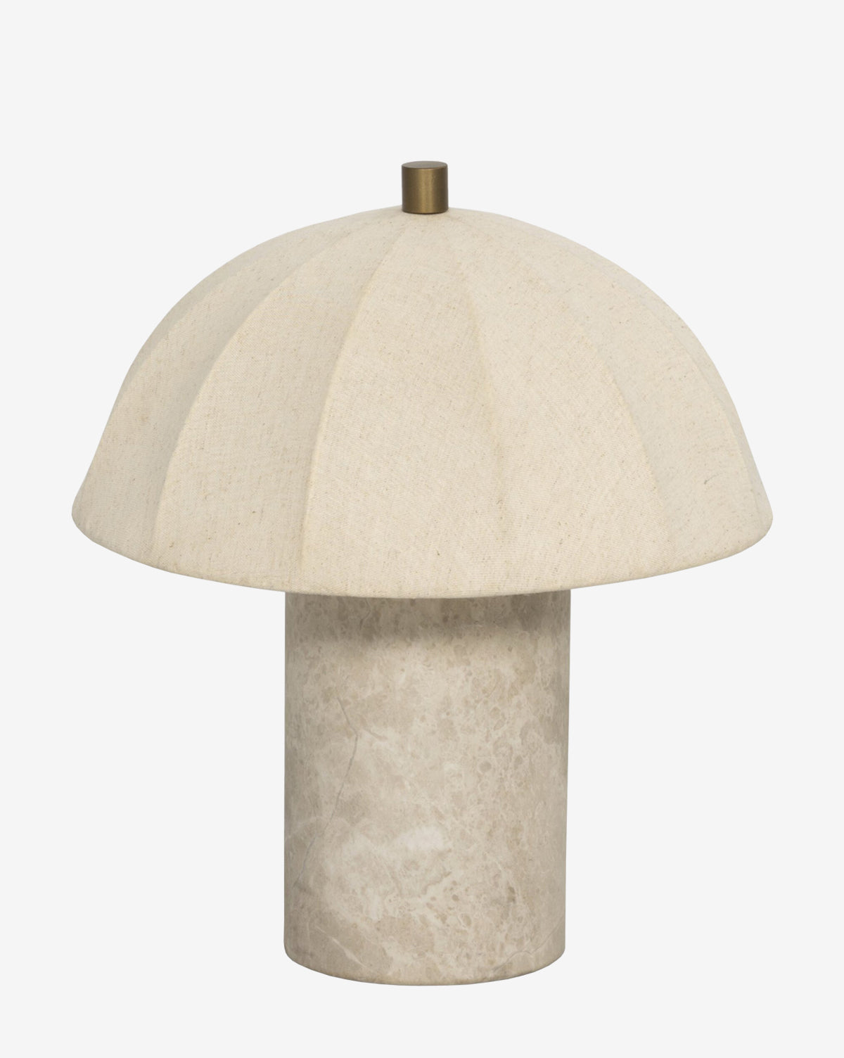 The Malinska Table Lamp by Four Hands features a mushroom-inspired round flax-linen shade and a cylindrical light taupe marble base, shown against a plain white background. Vendixs