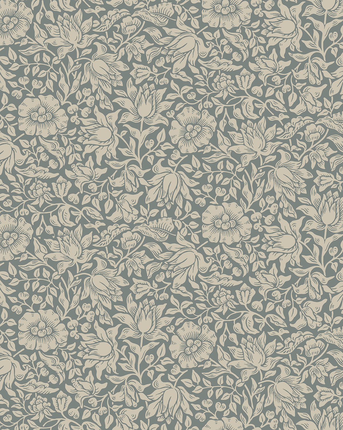 A section of floral wallpaper featuring a repeating pattern with various flowers in a cool tone color palette from Vendixs