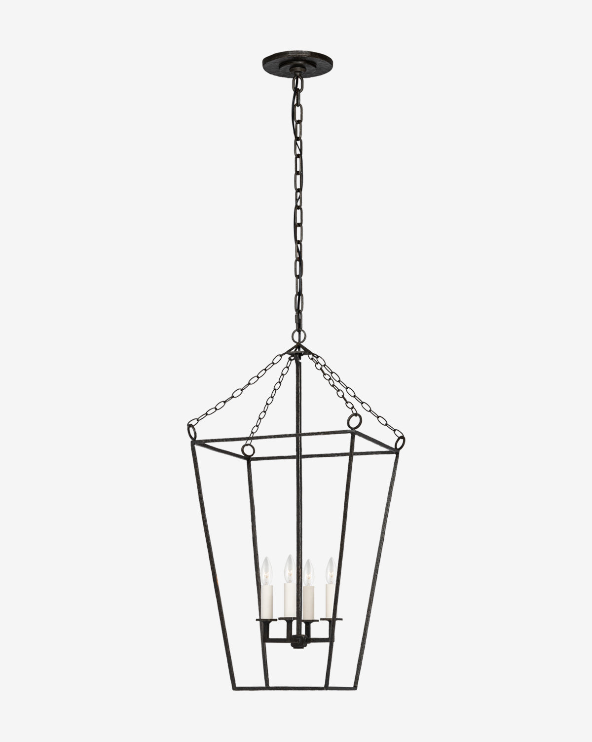 The Malloy Open Frame Forged Lantern is a black metal candelabra chandelier with a geometric open-frame design, hanging by a chain and featuring four candle-style bulbs inside, by McGee & Co.
