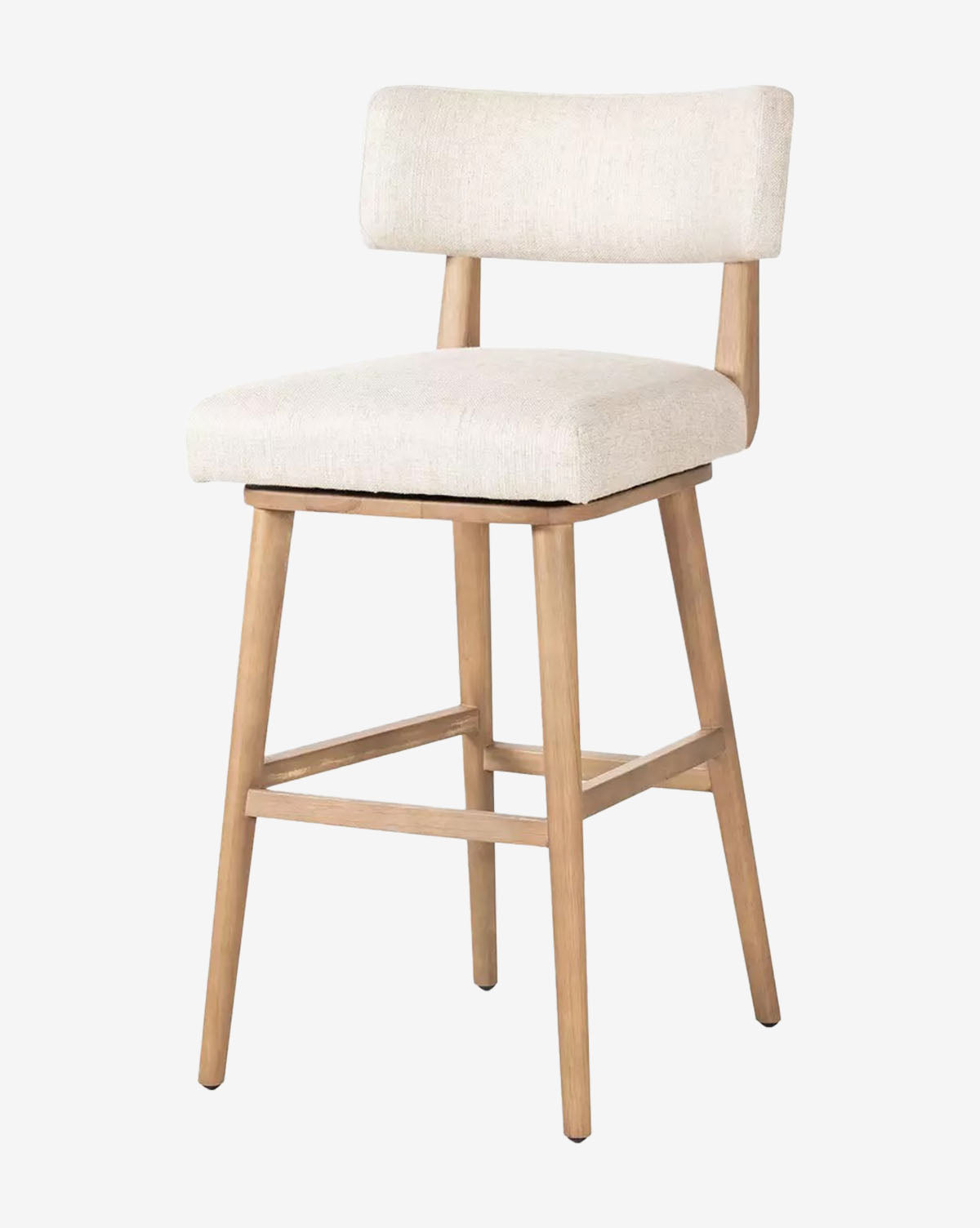 The Mance Swivel Stool by Four Hands features a minimalist design with light wood legs and a beige upholstered seat and backrest, shown against a plain white background. Vendixs