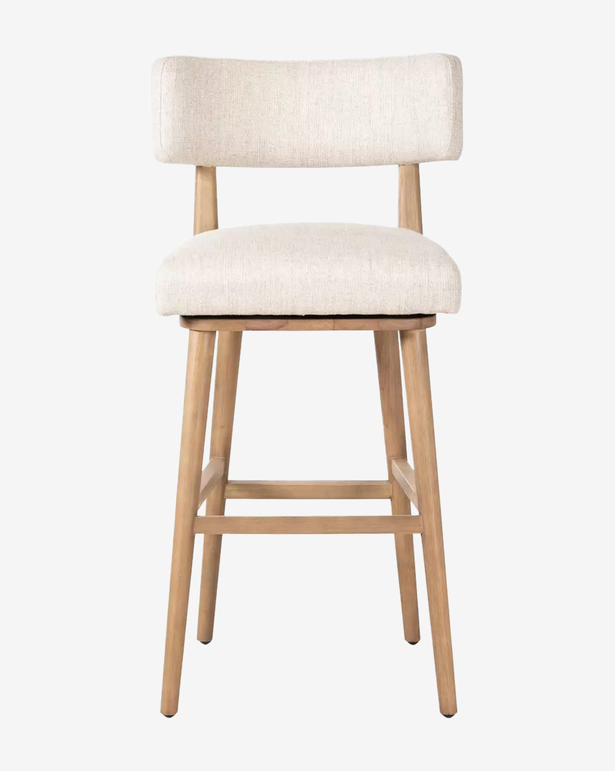 The Mance Swivel Stool by Four Hands features a wooden frame with four legs, a light beige upholstered seat, and a matching cushioned backrest, displayed against a plain white background. Vendixs
