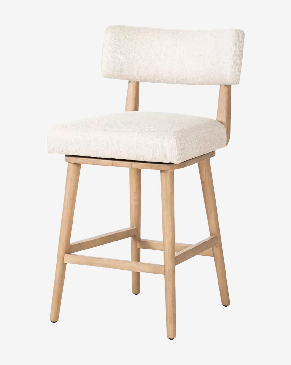 The Mance Swivel Stool by Four Hands is a modern counter-height kitchen stool with light wood legs, a square upholstered seat, and a low rectangular cushioned back in light beige fabric. Vendixs