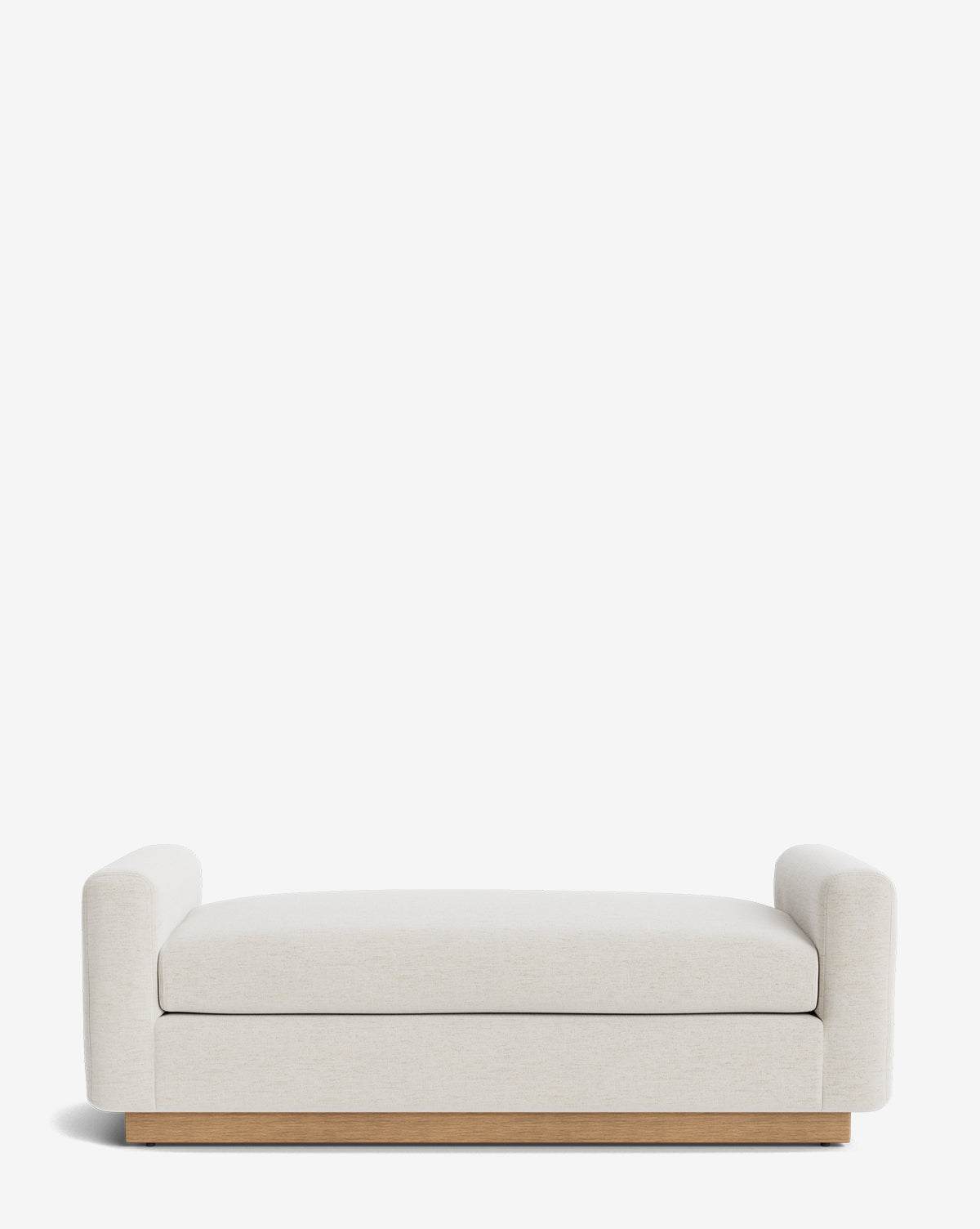 The Mansfield Bench features a modern, minimalist design with low rounded arms, a wooden base, and cream-colored upholstery, shown here against a plain white background by Vendixs