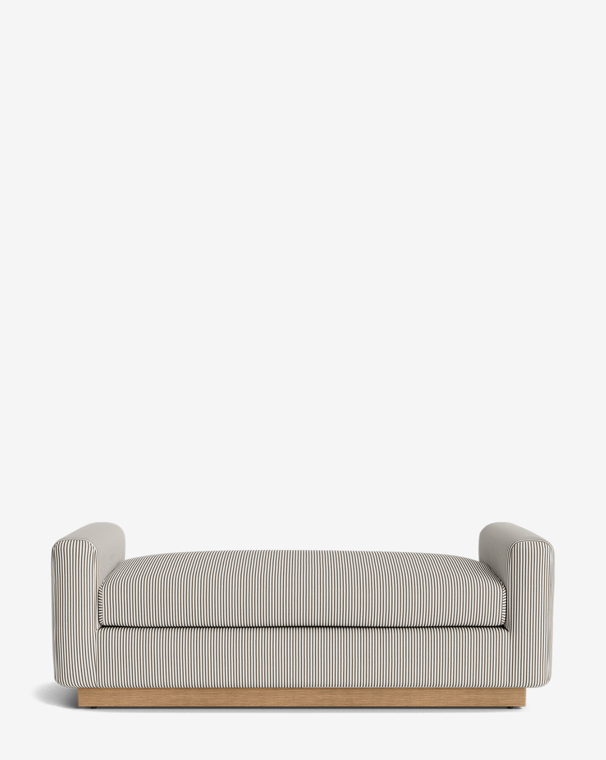 The Mansfield Bench features a modern low-profile design with vertical black and white stripes, short rounded arms, and a wooden base, creating a striking silhouette against a plain white background, by Vendixs