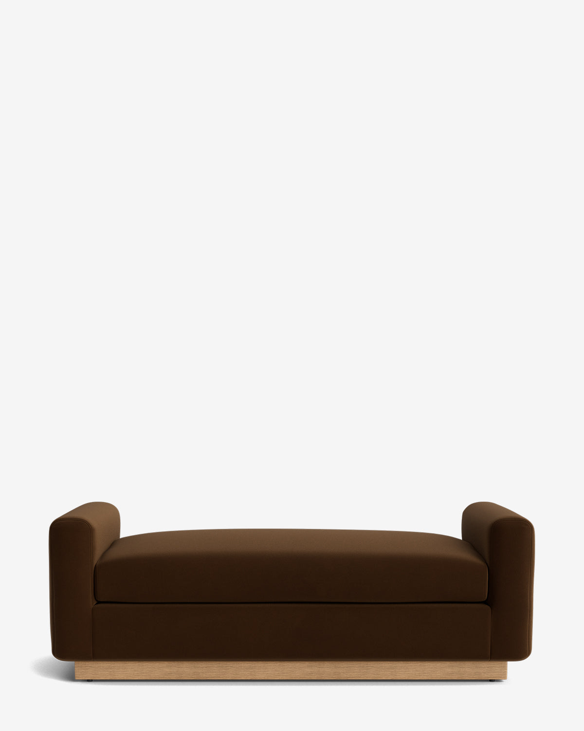 The Mansfield Bench features brown upholstery, rounded armrests on both sides, and a light wooden base, all handcrafted and displayed against a plain white background, by Vendixs