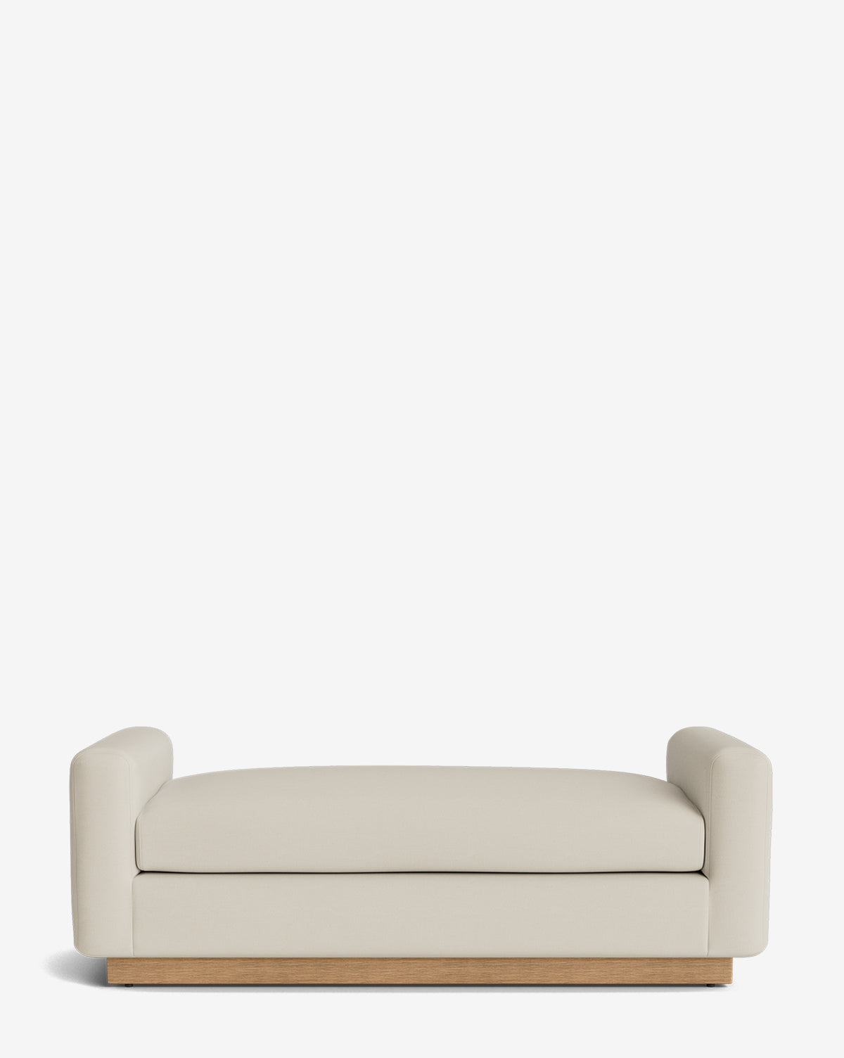 The Mansfield Bench features modern beige upholstery, rounded arms, and a wooden base, shown against a plain white background, by Vendixs