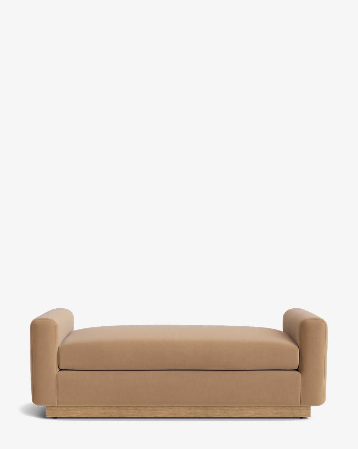 The Mansfield Bench features tan upholstery with low cylindrical armrests and a thick seat cushion, all set on a wooden base. Shown against a plain white background by Vendixs