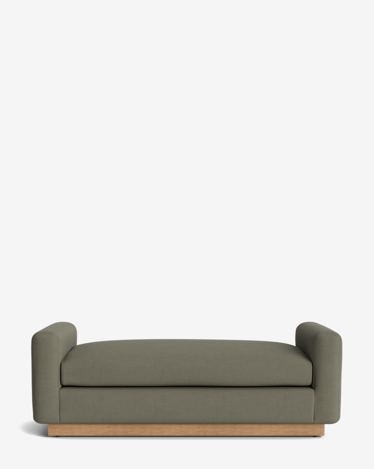 The Mansfield Bench is a modern olive green sofa with low, rounded arms and a wooden base, reminiscent of a handcrafted bench, displayed against a plain white background, by Vendixs