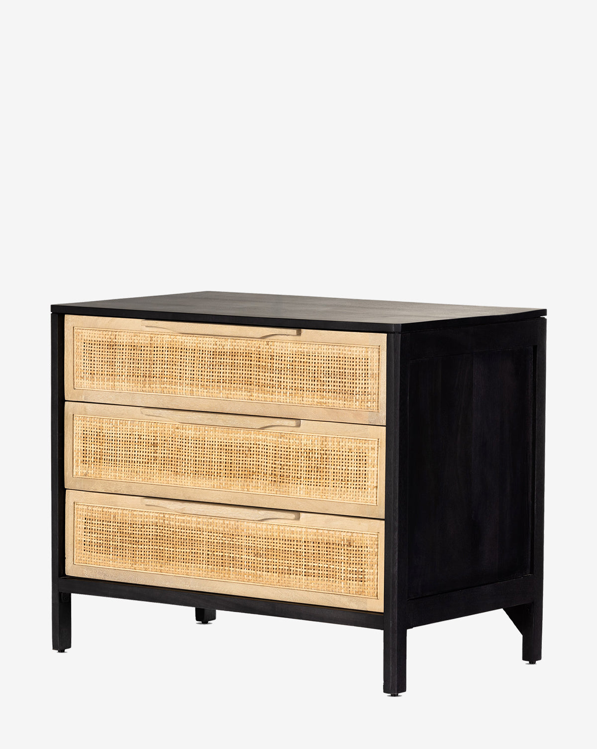 The Margaery Nightstand is a black wooden piece with three drawers, each featuring a woven rattan front and natural wood trim, combining refined style with practicality, displayed against a plain white background by Vendixs