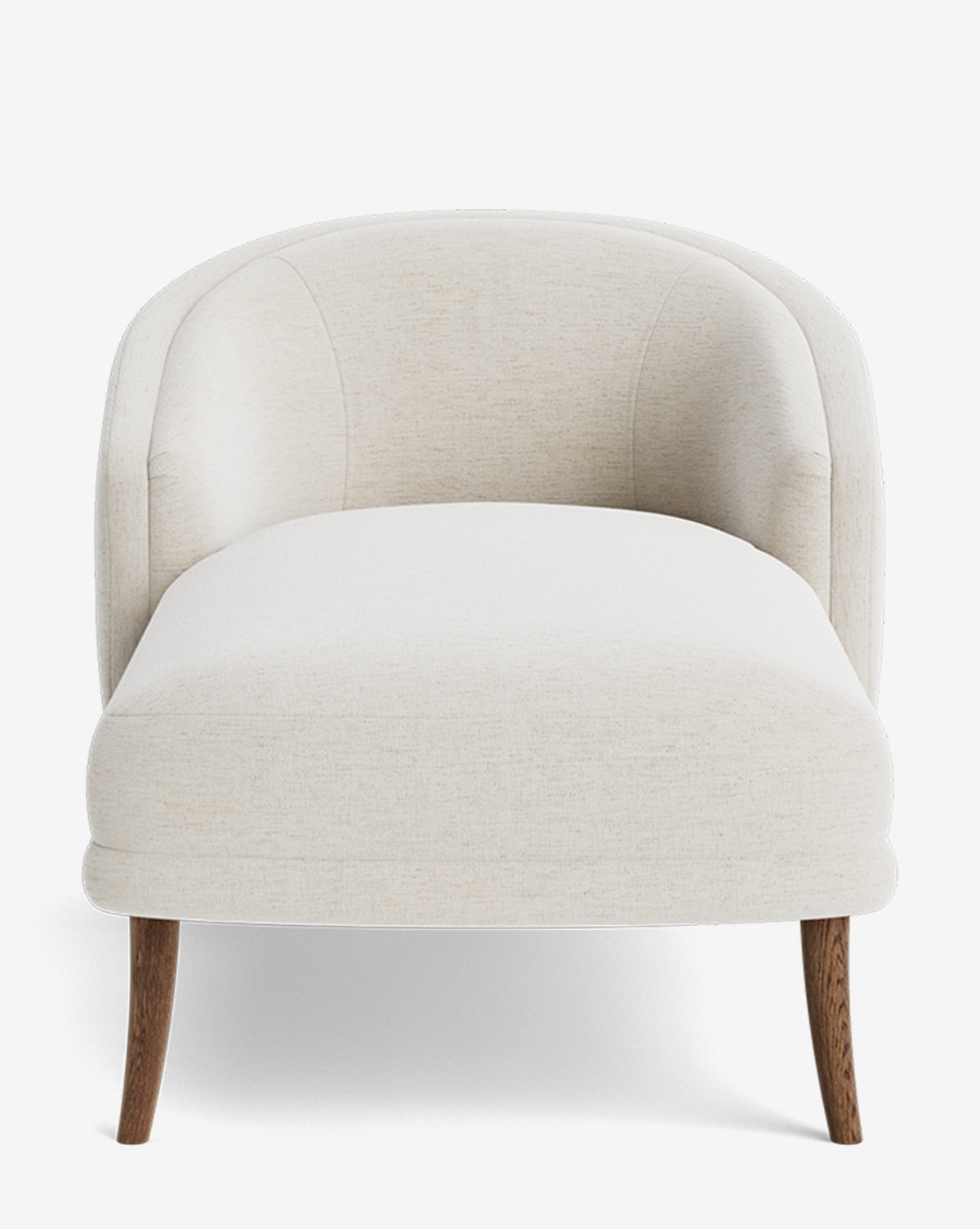 The Marguerite Chaise Lounge is a modern, off-white upholstered armchair with a curved backrest and wooden legs, displayed from the front on a plain white background by McGee & Co.