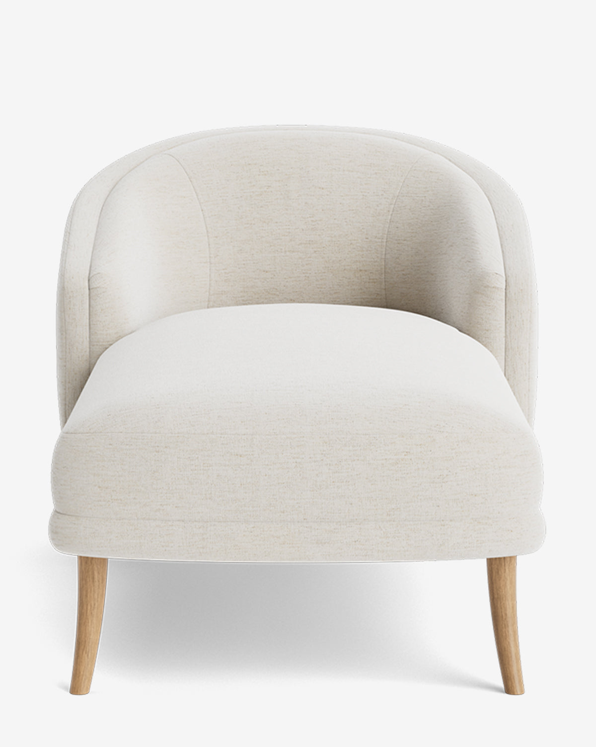 Front view of the Marguerite Chaise Lounge featuring a curved backrest, light beige fabric, and four angled wooden legs on a white background—blending comfort and elegance in a modern traditional design, by McGee & Co.