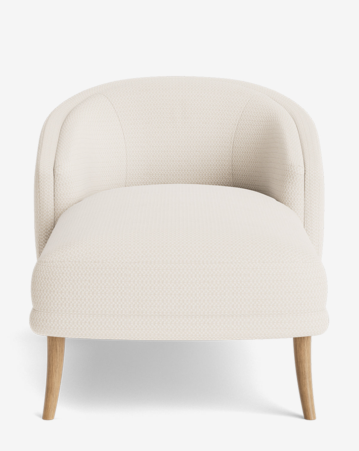 Front view of the Marguerite Chaise Lounge, a modern traditional piece with light beige upholstery and four angled wooden legs, set against a white background, by McGee & Co.