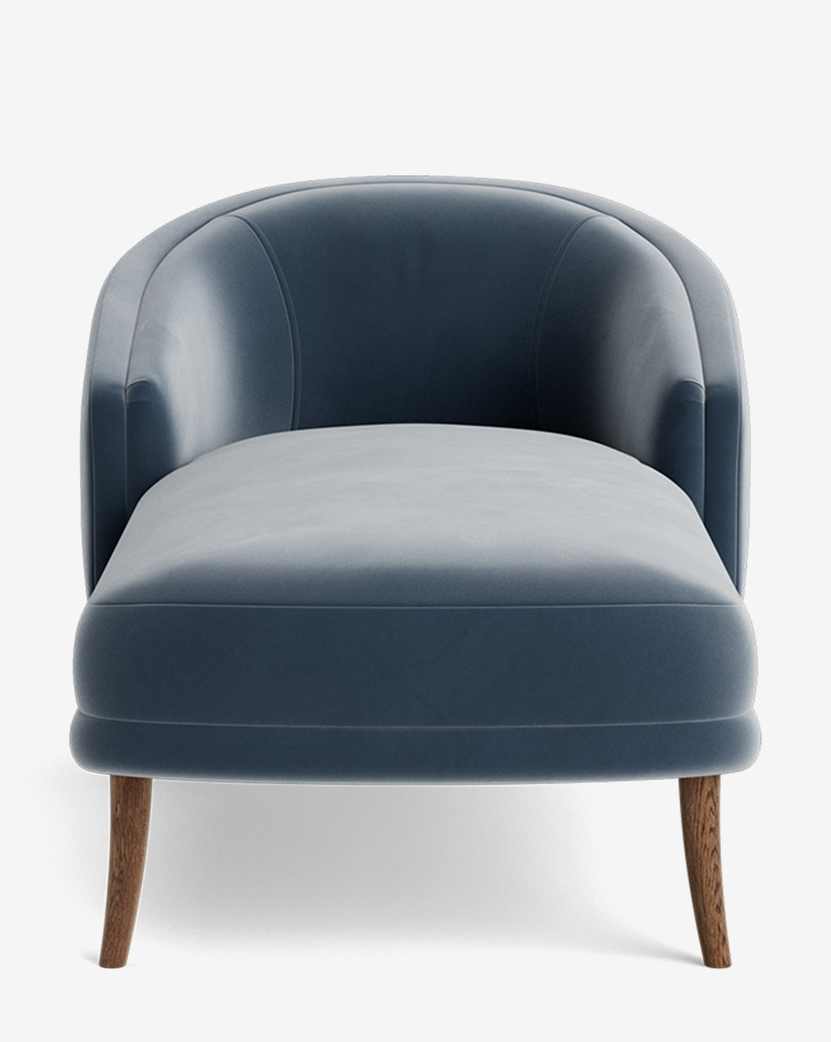 The Marguerite Chaise Lounge showcases blue upholstery, curved armrests, and angled wooden legs—a modern traditional chaise perfect for any space, seen from the front against a white background by McGee & Co.