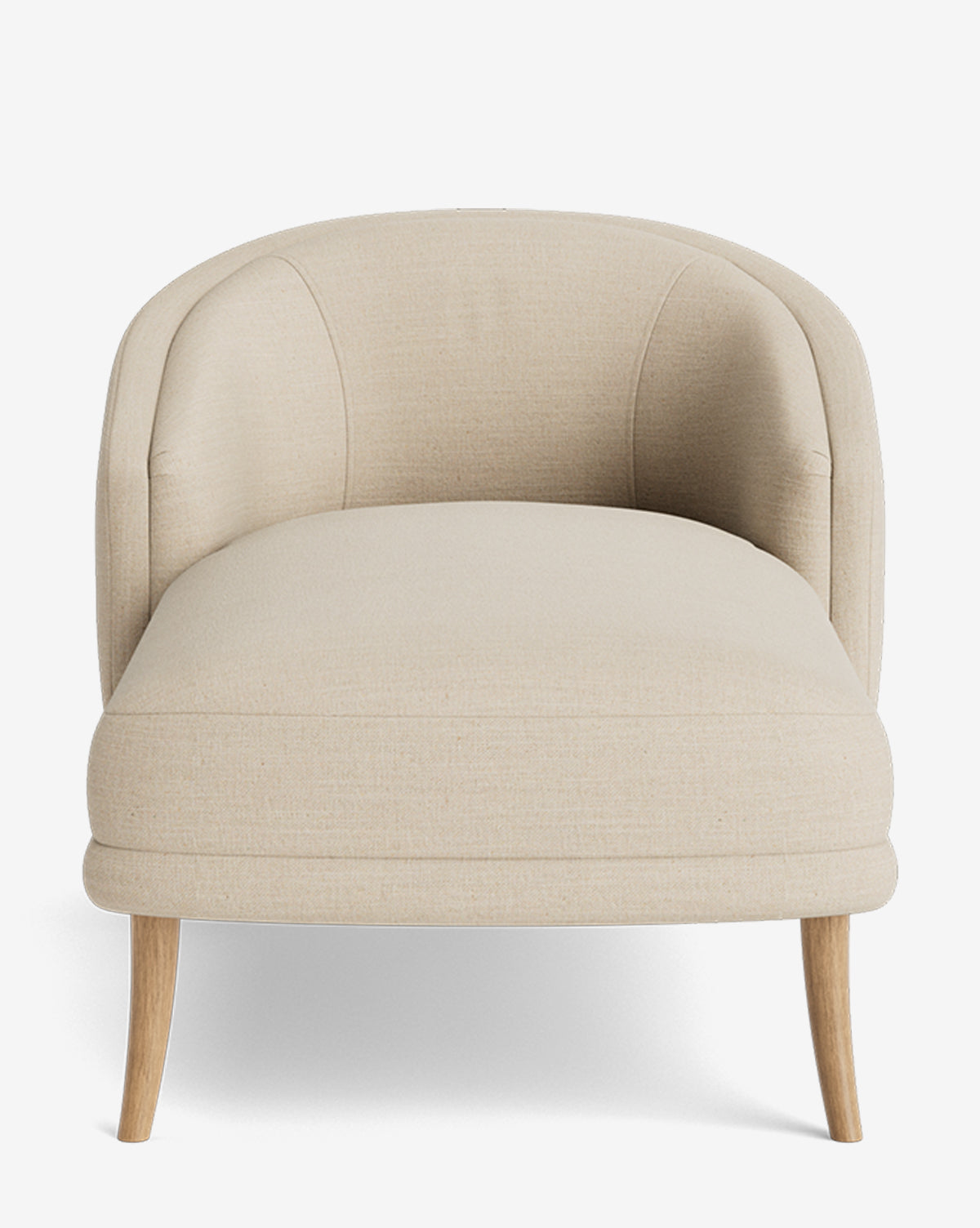 The Marguerite Chaise Lounge is a modern, beige upholstered accent chair featuring a curved backrest and light wooden legs, shown from the front against a white background, by McGee & Co.