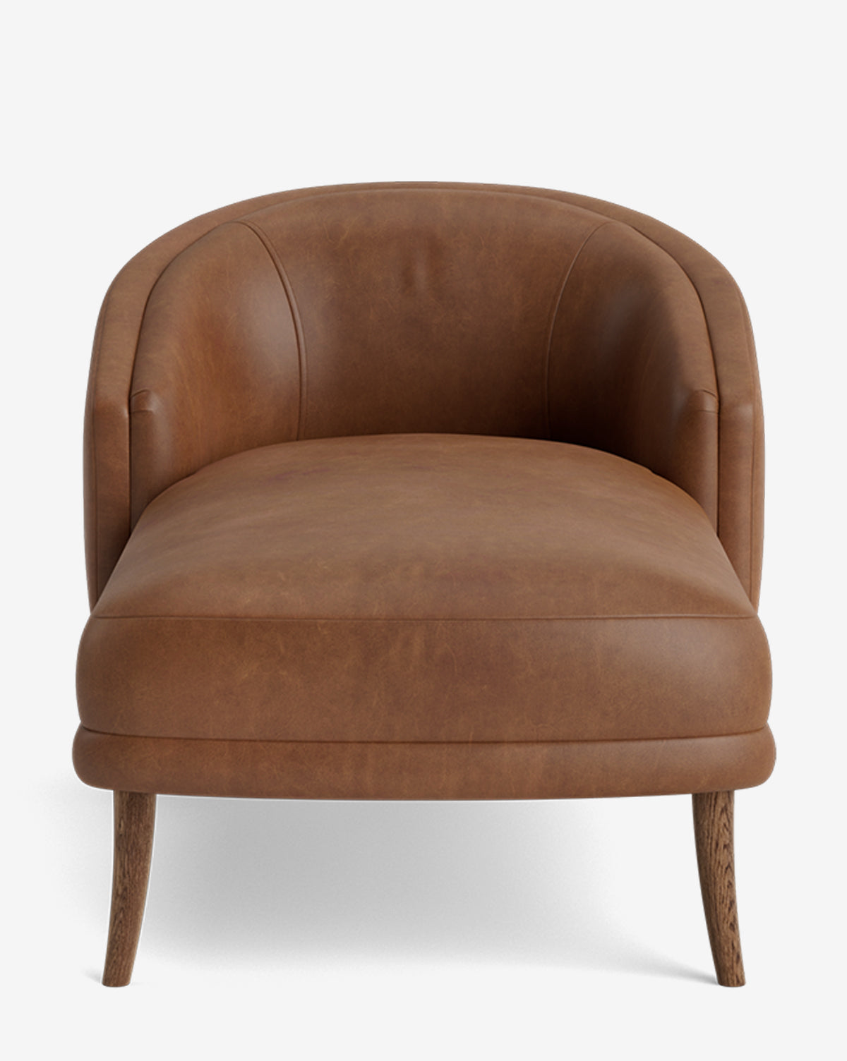 The Marguerite Chaise Lounge is a modern brown leather accent chair with a rounded backrest and wooden legs, shown from the front against a plain white background, by McGee & Co.