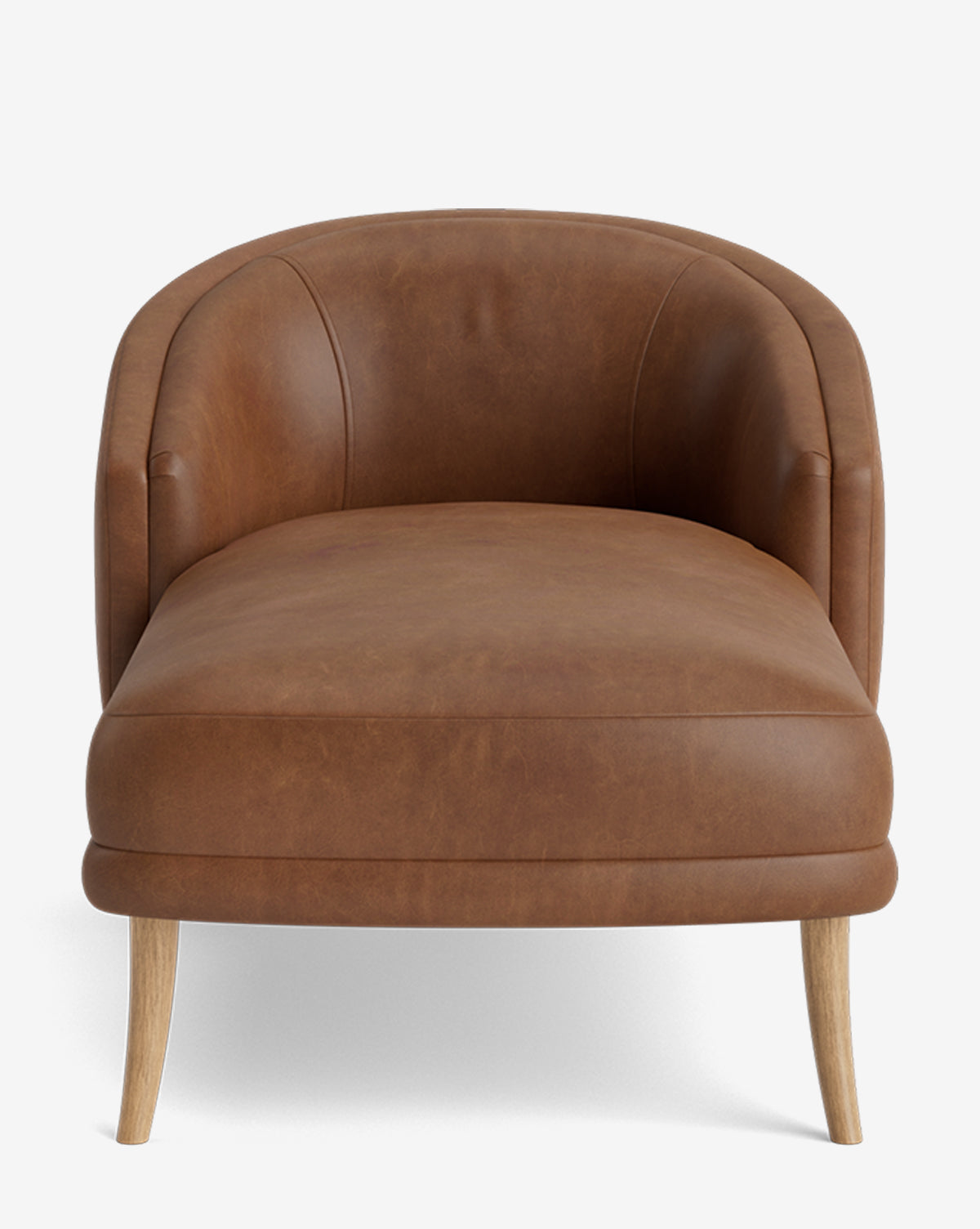 The Marguerite Chaise Lounge features a rounded backrest and smooth brown leather upholstery with four light wooden legs, showcased against a plain white background by McGee & Co.