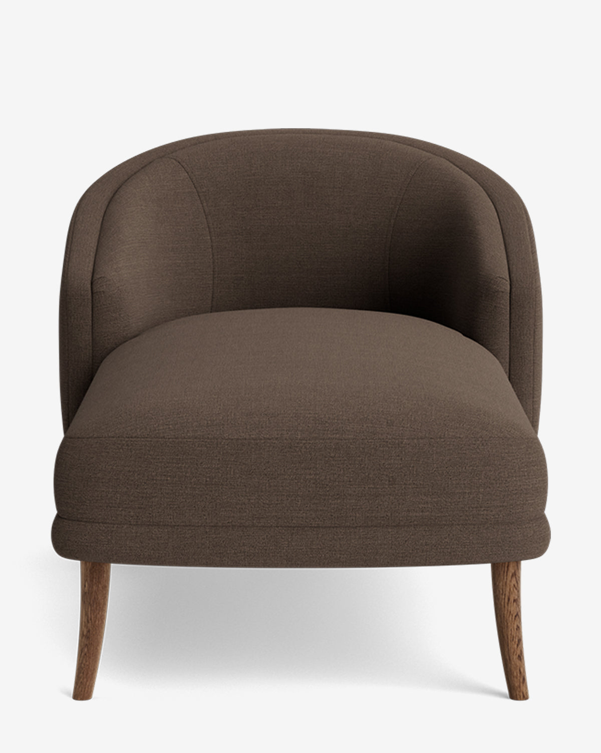 The Marguerite Chaise Lounge is a modern brown upholstered armchair with a curved backrest and wooden legs, shown from the front against a plain white background by McGee & Co.