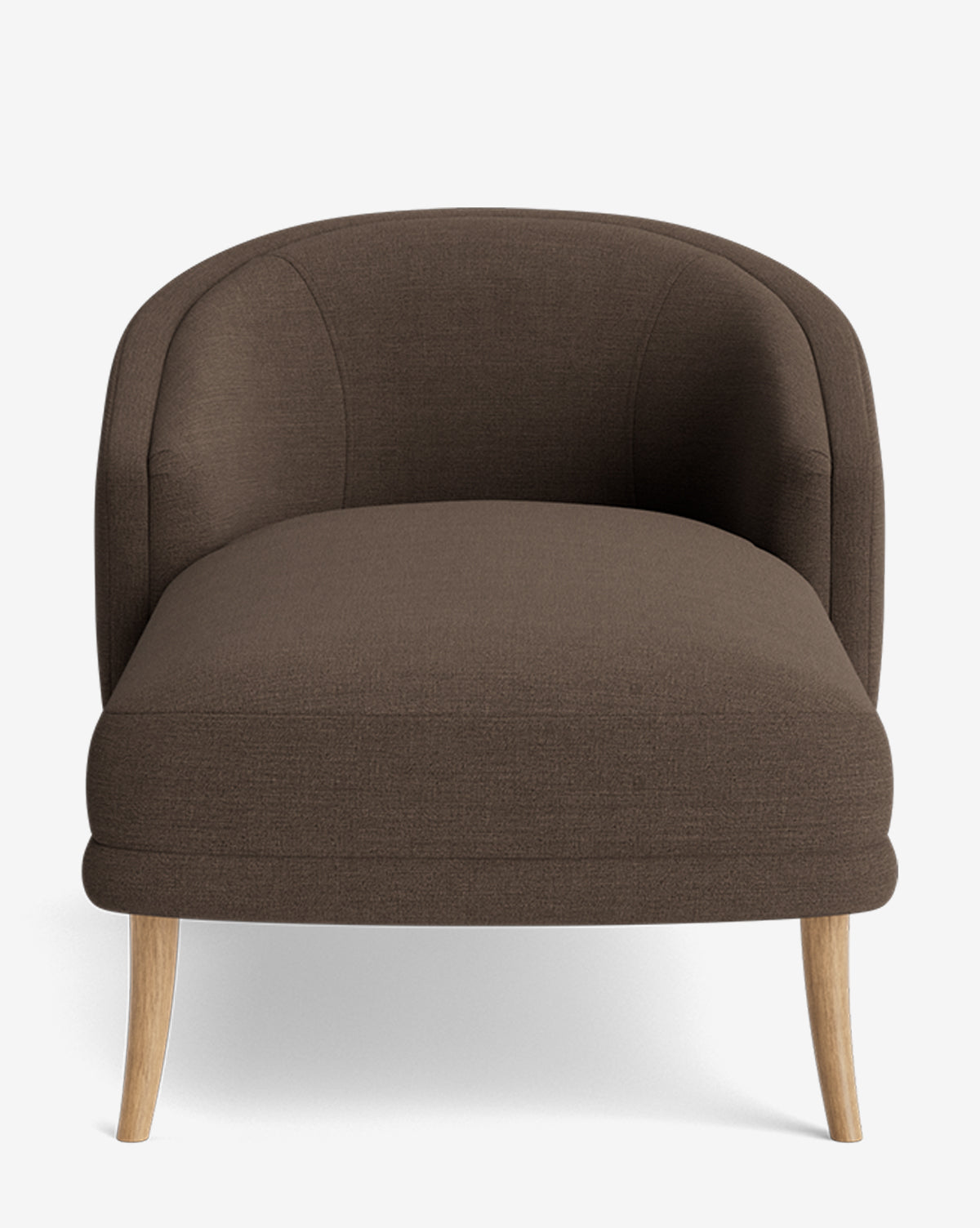 Front view of the Marguerite Chaise Lounge, featuring brown upholstery, a curved backrest, and light wooden legs, set against a plain white background by McGee & Co.