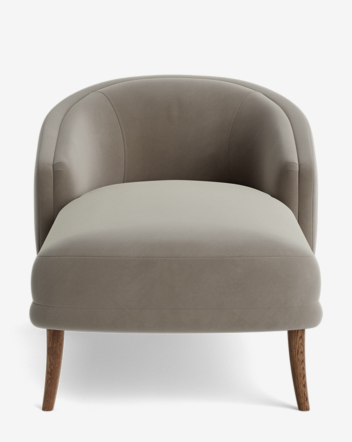Front view of the Marguerite Chaise Lounge—a taupe upholstered chair with curved backrest and armrests, four wooden legs, and a smooth minimalist design—showcased against a white background, by McGee & Co.
